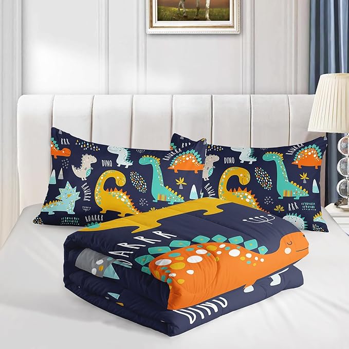 Cartoon Dinosaur Comforter Set Dark Blue Printed Bedding Set with 1 Comforter and 2 Pillowcases for Boys and Girls Bedroom All Season(Dinosaur Twin)