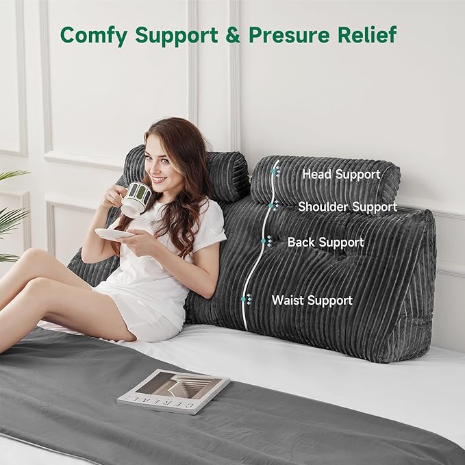 Z-hom Large Wedge Pillow Headboard, Full Triangular Headboard Pillow, Reading Pillow Bed with a Roll Pillow for Bed Sitting Up Sleeping, Backrest Cushion Headboard Gap Pillow for Back,Grey
