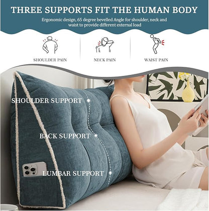 Headboard Pillow Queen, Chenille Triangular Wedge Pillow Headboard Queen Size, Reading Setting Backrest Daybed Pillows for Sofa Bed with Removable Cover, Blue