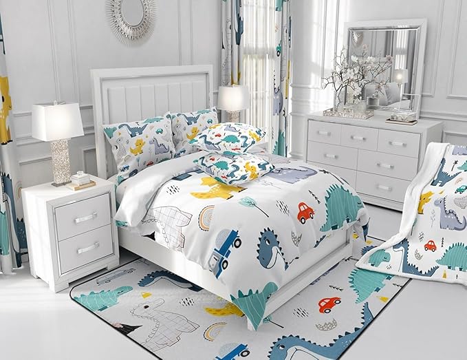 Castle Fairy Cartoon Dino Boys Comforter Set Twin Size,Cute Dinosaur Animal Blue Yellow Sketch Bedding Set for Kids Boys Men,Cars Rainbow Trees Printed Kawaii Quilted Duvet Set with 1 Pillowcase
