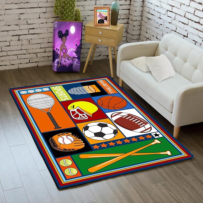 Sports Rugs for Boys Bedroom - Football & Soccer, Baseball, Basketball Rug for Boys Bedroom Decor Kids Carpet Soccer Carpet for Living Room Playroom Floor Mat Home Decor, 2x3 Feet