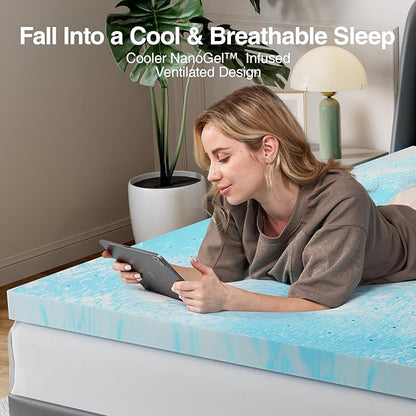 Novilla Queen Memory Foam Mattress Topper 2 Inch, Cooling Gel Infused, Ventilated Pressure Relief Pad, Soft Comfort for Sofa, RV, Camper, Dorm Room