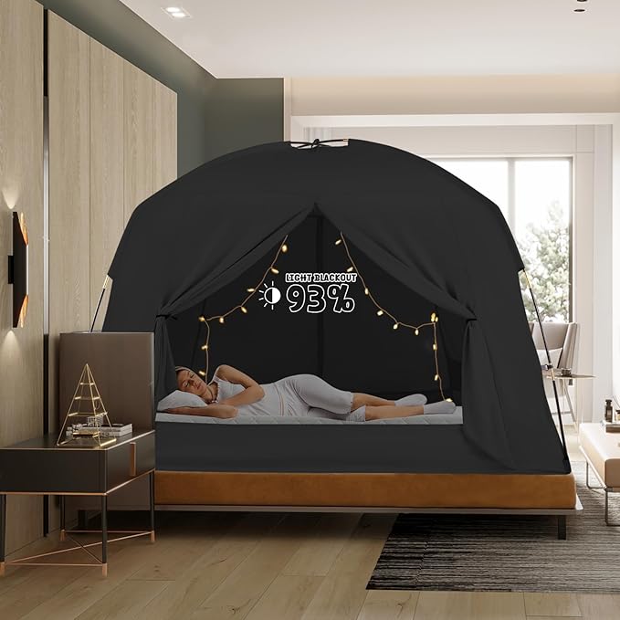 Bed Tents for Kids and Adult, Portable 100% Breathable and 93% Blackout Toddler Dream Play Tent, 3 Doors Big Privacy Space Sleeping Canopy for Floor or Twin Full Queen Sizes Bed (Black, Twin-Size)
