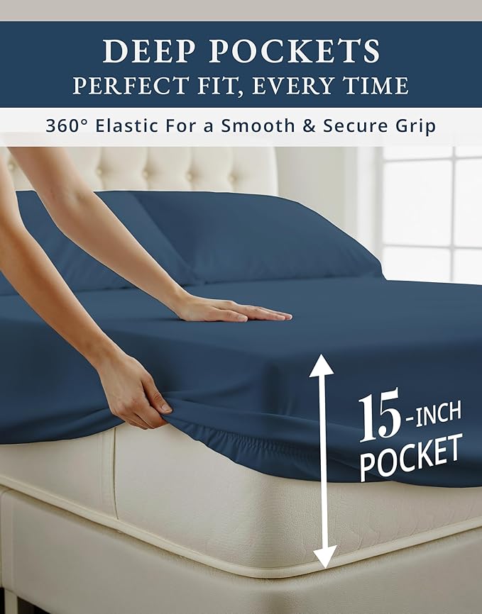 100% Egyptian Cotton Bed Sheets - 4 Piece Autthentic Cotton Queen Sheet Set, Breathable Winter Comfort, No Pilling, Ultra-Soft Hotel Luxury Comfort with 15" Deep Pocket Queen Sheets - Estate Blue