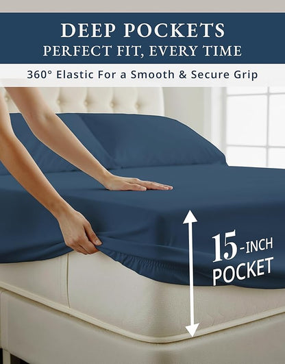 Lane Linen 100% Egyptian Cotton Sheets King Size - Naturally Breathable & Durable Winter Comfort King Bed Sheets, Ultra-Soft Hotel Luxury Comfort with 15" Deep Pocket, Silky Sateen Weave - Estate Blue