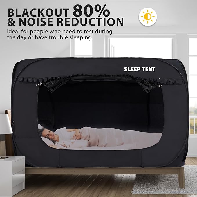 Pop Up Bed Tent 93% Blackout Large Space Portable Indoor Breathable Canopy,Twin Size 2 Doors Sleeping Privacy Tent for Kids and Adult Big Sleeping Cottage