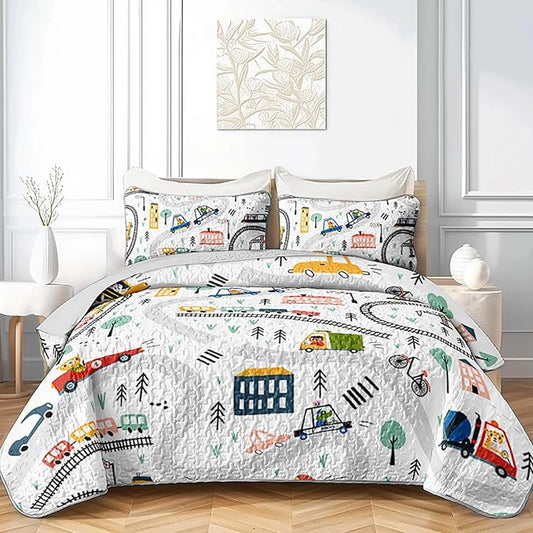 AILONEN Kids Truck 3-Piece Full Bedspread Coverlet Quilt Set for Boys Construction Work Road Cartoon Soft and Lightweight