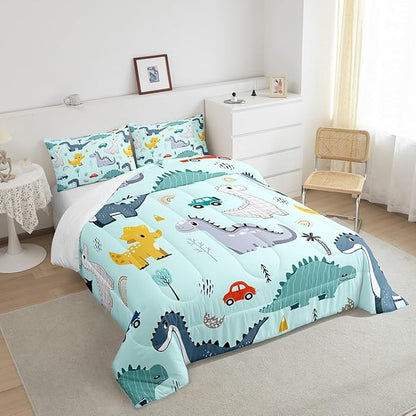 Castle Fairy Cute Car Kids Comforter Set Twin Size,Cartoon Dinosaur Rainbow Sketch Blue Bedding Set for Kids Boys Men,Kawaii Dino Colorful Wild Animal Quilted Duvet Set with 1 Pillowcase