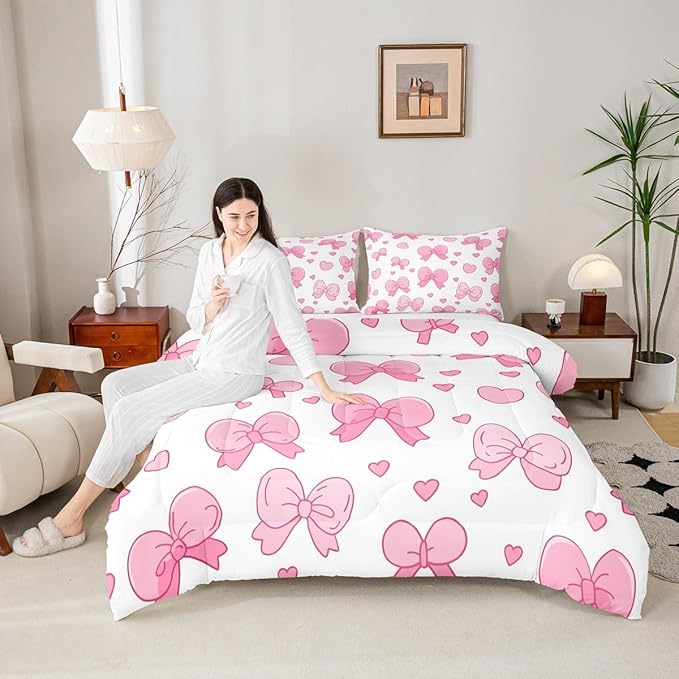 jejeloiu Pink Bowknot Comforter Set Toddler Size Cartoon Bow Bedding Set for Kids Boys Girls Cute Love Heart Duvet Quilt White Pink Bedroom Decor Microfiber 2 Pcs with 1 Pillow Cases