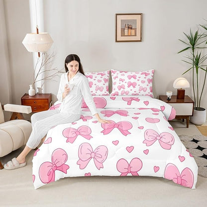 jejeloiu Pink Bowknot Comforter Set Toddler Size Cartoon Bow Bedding Set for Kids Boys Girls Cute Love Heart Duvet Quilt White Pink Bedroom Decor Microfiber 2 Pcs with 1 Pillow Cases