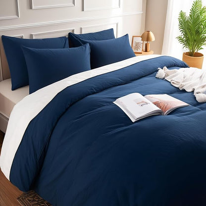 NEXHOME PRO Full Duvet Cover Set, 100% Certified Organic Cotton with Washed Feel & Linen-Like Texture, Comfortable & Breathable, Home Bedding Set Navy (No Comforter)