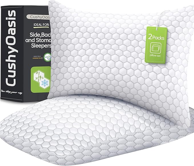 Shredded Memory Foam Pillow for Sleeping, Cooling Bed Pillows Set of 2, Adjustable Pillows for Side, Back, Stomach Sleepers with Washable Pillowcase (Queen Size, Grey)