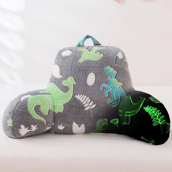 Aimuan Reading Pillow Glow in The Dark Bed Rest Wedge Kids Glow Backrest Pillow Dinosaur Print with Arms Back Support for Sitting Up in Bed Cushion, Green-Blue