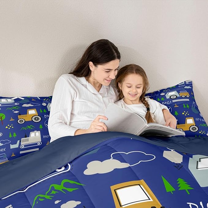 Feelyou Construction Comforter Set All Season Equipment Trucks Bedding Set with 1 Pillow Cases Excavator Tractor Kids Toddler Bedclothes Construction Vehicles Bedroom Decor Blue Yellow Duvet Quilt