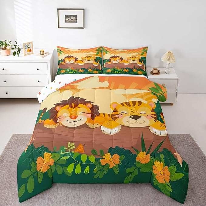 Cute Lion Tiger Bedding Set Queen Size Tropical Jungle Wildlife Comforter Set for Girls Boys Room Decor Cartoon Hand Drawn Style Down Comforter Flower Leaves Quilt Set with 2 Pillowcases