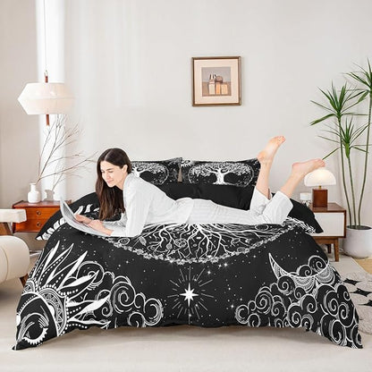 Life Tree Duvet Cover Set King Size,Abstract Sun Moon Stars Galaxy Space Comforter Cover with 2 Pillowcases,Psychedelic Mystic Modern Bedding Set for Adult Young Bedroom Xmas Gift