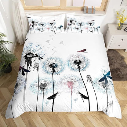 Dragonfly Bedding Set Twin Size,Colorful Dandelion Duvet Cover 2pcs for Kids Girls Woman Adult Room Decor,Nature Flying Animals Plants Comforter Cover Modern Boho Quilt Cover,1 Pillowcase,White