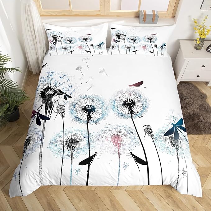 Dragonfly Duvet Cover Queen Size,Colorful Dandelion Bedding Set 3pcs for Kids Girls Woman Adult Room Decor,Nature Flying Animals Plants Comforter Cover Modern Boho Quilt Cover,2 Pillowcases,White