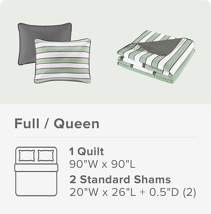 Comfort Spaces Queen Quilt Set Trendy Casual Fun, Vibrant Color Stripes Design, All Season Lightweight Coverlet Bedspread Queen Size Bedding & Shams, Verone, Full/Queen, Sage Green, 3 Piece