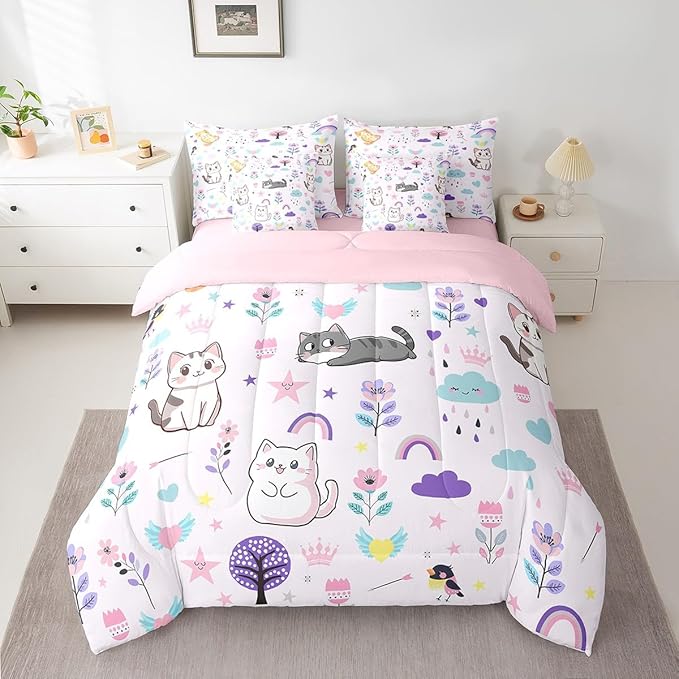 Erosebridal Kids Floral Cat 7 Piece Bedding Sets Cartoon Animal Comforter Bed in a Bag Cute Flower Printed Quilt with Sheet Set,for Children Boy Girl Teen Kids Bedroom Decor,Full 7Pcs