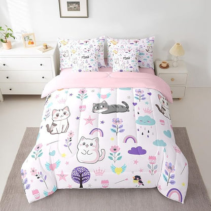 Erosebridal Kids Floral Cat 7 Piece Bedding Sets Cartoon Animal Comforter Bed in a Bag Cute Flower Printed Quilt with Sheet Set,for Children Boy Girl Teen Kids Bedroom Decor,Queen 7Pcs