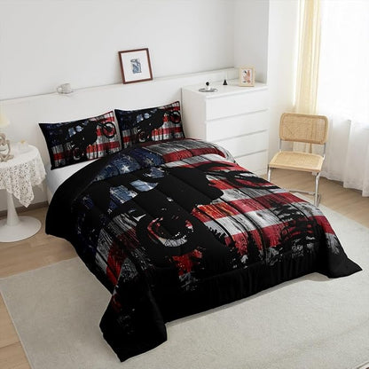 American Flag Comforter Set Queen Size Boys Dirt Bike Racing Motocross Rider Bedding Set Kids Teens Men Rustic Farmhouse Wooden Quilt Set Retro Black Pine Tree Silhouette Duvet Insert 3pcs