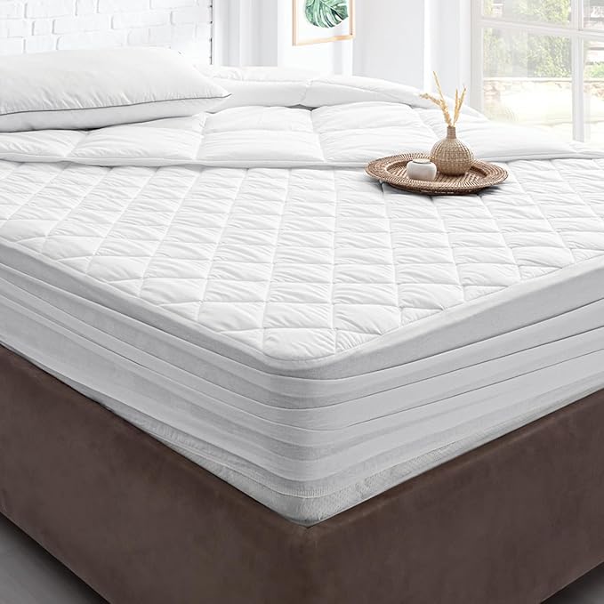 YATAS BEDDING Perle Quilted Fitted Mattress Protector, Machine Washable and Easy Care, Superior Protection and Comfort,100% Cotton Breathable top, White (Full) - 55"x75" - 14" Deep Pocket