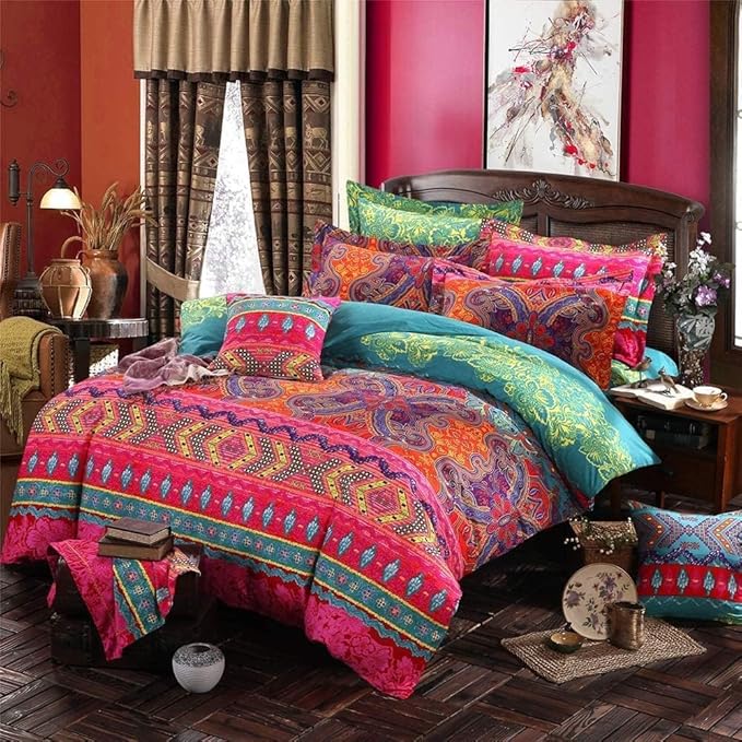 CottonLife Boho King Duvet Cover Soft Cotton 3 Pieces Boho Bedding Sets King Boho Exotic Colorful Chic Style Teal Orange Bohemian Retro Print Duvet Cover King, with Zipper Closure (NO Comforter)