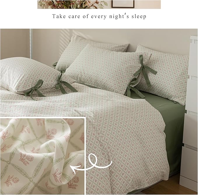 AOJIM Exquisite Kids Adults Duvet Cover Set with Plaid and Pink Floral Pattern, 100% Cotton Bedding Comforter Cover 3pcs, 1 Twin Size Quilt Cover 68x86 and 2 Pillowcases 20x26 with Bow Ties,No Quilt