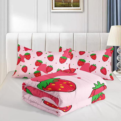 QOOMO Kawaii Comforter Twin,Pink Strawberry Comforter Set for Kids Teens Girls,3Pcs Bedding Set Printed Comforter with 2 Pillowcases,Down Alternative,Soft and Lightweight，Twin Size