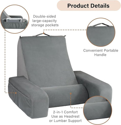 ENITYA 19" Back Support Pillow,Reading Pillow with Built-in Arms & Large Pockets, Removable Washable Cover, Wedge for Sitting,Reclining,Watching TV,Post Surgery in Bed,Couch or Floor,Medium Firm,Grey