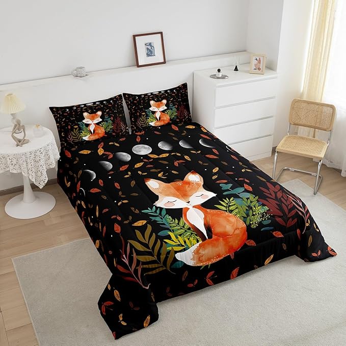 Castle Fairy Cute Fox Comforter Set Autumn Leaves Bedding Set for Kids Girls Women Adults Wild Animals Comforter White Moon Quilted Duvet Set Bedroom Collection Twin Pink 2Pcs