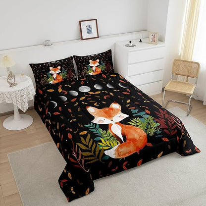Castle Fairy Kawaii Fox Comforter Set Queen Size Lovely Animal Bedding Set for Kids Boys Girls Bedroom Decoration Fallen Leaves Bed Duvet Insert Plants Leaf Comforter with 2 Pillowcase