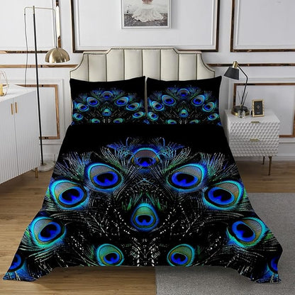 Erosebridal Peacock Feather Coverlet Set Wild Animal Bedspread for Kids Child Teens,Wildlife Bedding Set Fashion Novelty Luxurious Bedroom Decor King Size Blue Green Teal Black