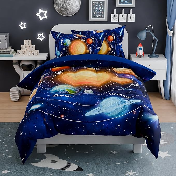 SANDJEST Solar System Comforter Set Full, Ultra Soft Microfiber Bedding Sets with 4-Pieces, Comforters Bed Sets for Kids Children Boy Bedroom Decor