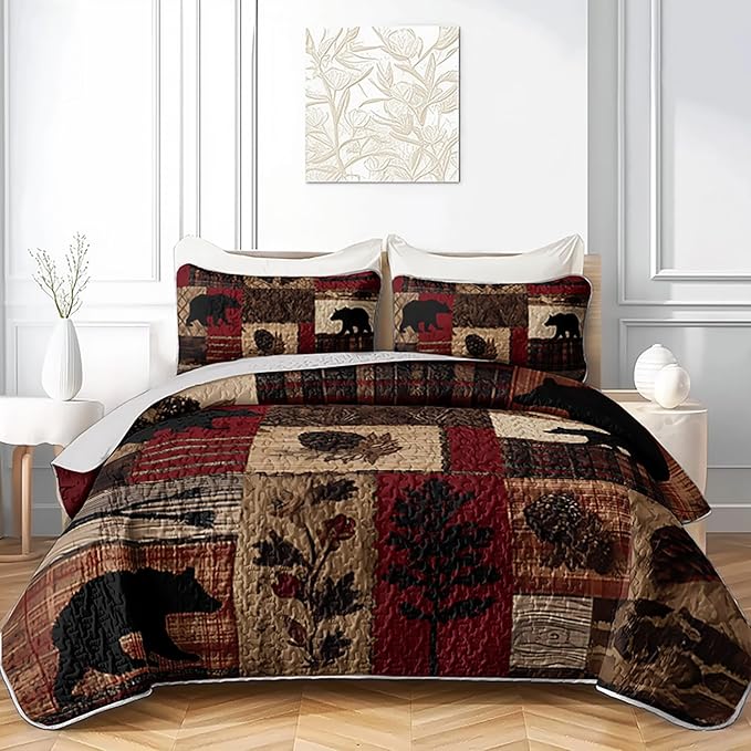 Rustic Black Bear Quilt Bedding Full 3Pcs Natural Forest Wild Hunt Animal Bear Nut Bed Set Retro Flower Grid Pattern Bedspread Coverlet with 2 Pillowcases for Kid Boy Girl Teen Adult Bed Decor