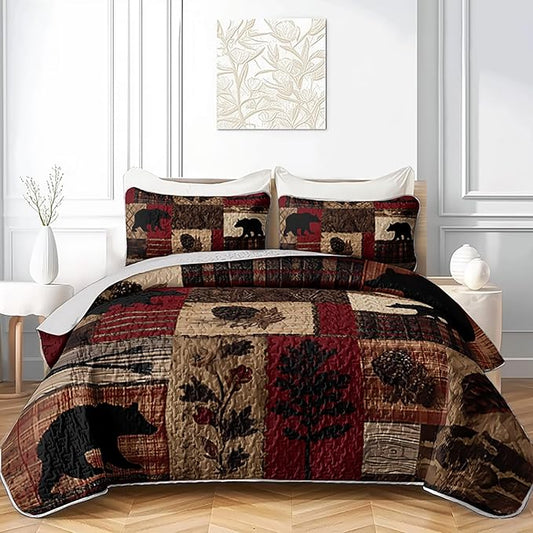 Rustic Black Bear Quilt Bedding Twin 3Pcs Natural Forest Wild Hunt Animal Bear Nut Bed Set Retro Flower Grid Pattern Bedspread Coverlet with 2 Pillowcases for Kid Boy Girl Teen Adult Bed Decor