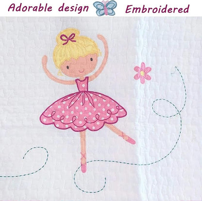 Cozy Line Home Fashions Ballerina Dance Princess Girl 100% Cotton Reversible Bedding Quilt Set, Bedspread Coverlet for All Seasons (Pink Embroidered, Twin - 2 Piece)