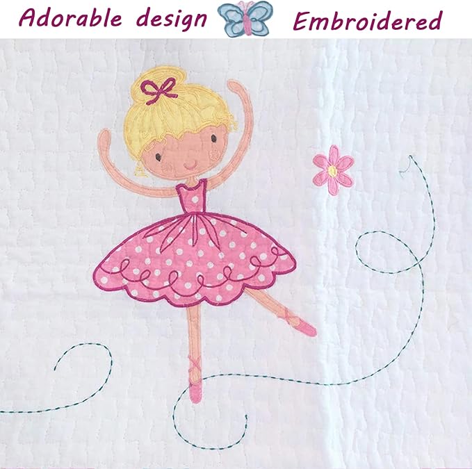 Cozy Line Home Fashions 100% Cotton Dance Princess Girl Reversible Bedding Quilt Set, Bedspread Coverlet for All Seasons (Pink Ballerina, Queen-3 Piece)