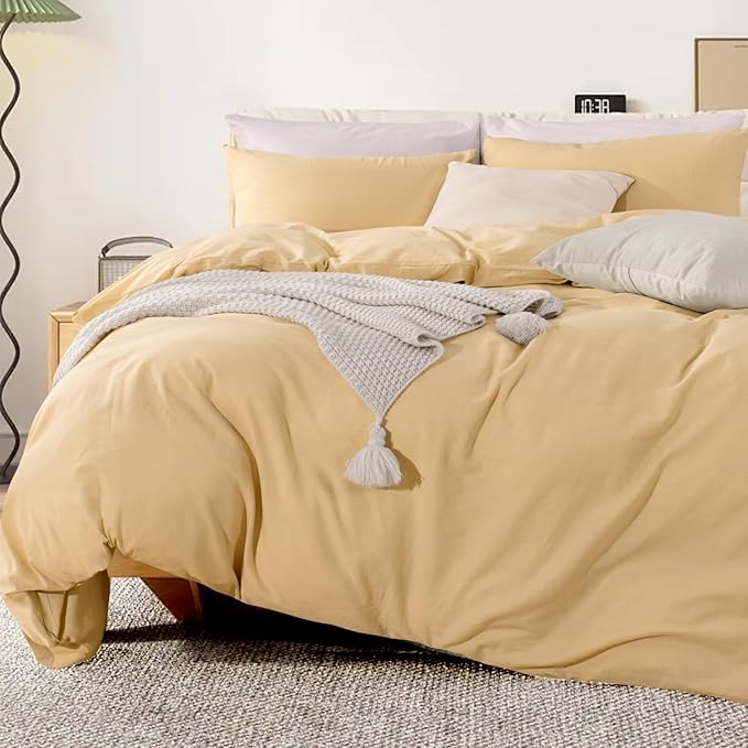 NEXHOME PRO Duvet Cover Set 100% Washed Cotton California Kingn 104"x98", Organic Natural Linen Look Textured 3 Pieces Bedding Set Apricot Yellow with Zipper Closure, Breathable Soft(No Comforter)