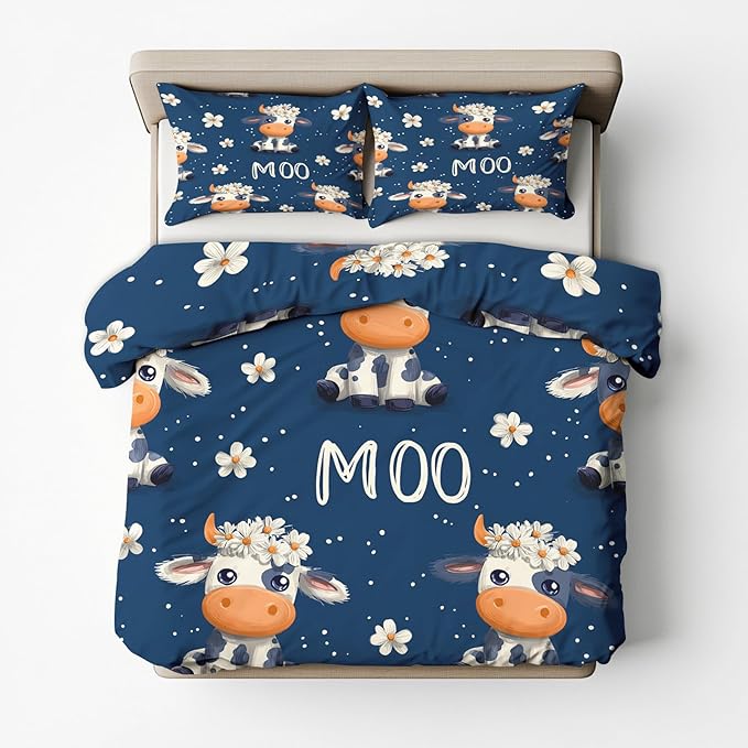 Cow Duvet Cover Queen Size, Kids Boys Girls Bedding Set 3 Pcs (2 Pillow Shams), Super Soft Microfiber Bedroom Decor, Zipper & Ties CSXQ1248