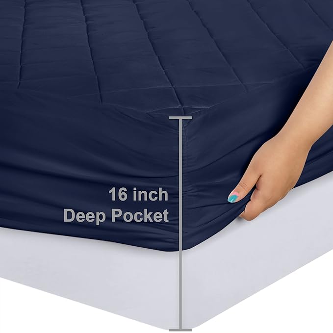 Utopia Bedding Quilted Fitted Mattress Pad, Queen Size, Elastic Fitted Mattress Topper Protector and Cover with Deep Pocket Stretches up to 16 Inches, Machine Washable (Navy)
