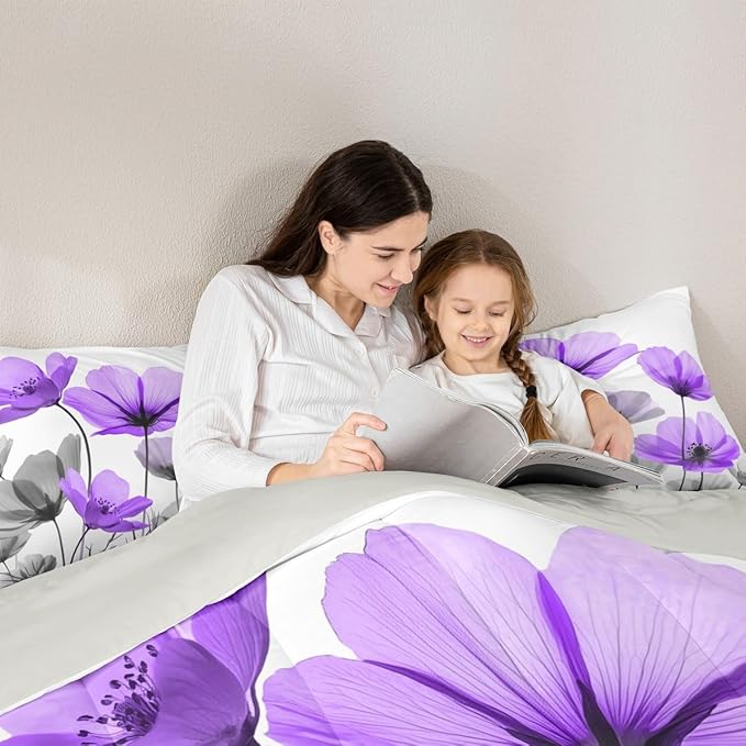 Erosebridal Purple Floral Toddler Bedding Set,Purple and Grey Flower Comforter Set for Kids Girls,Vintage Flowers Bed Set,Farmhouse Wildflower Room Decor with 1 Pillowcase,Lightweight