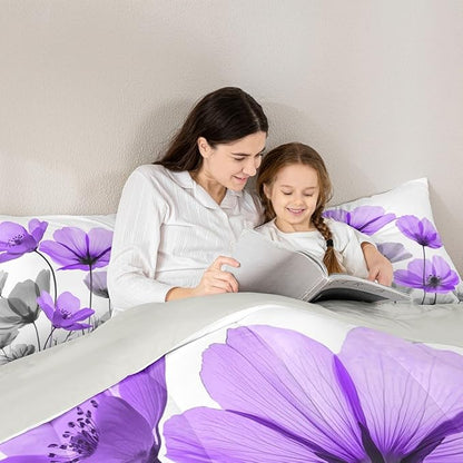 Erosebridal Purple Floral Toddler Bedding Set,Purple and Grey Flower Comforter Set for Kids Girls,Vintage Flowers Bed Set,Farmhouse Wildflower Room Decor with 1 Pillowcase,Lightweight