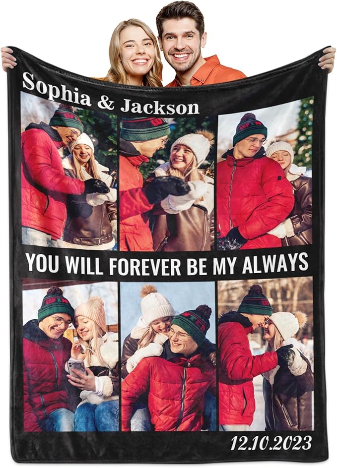 Yoke Style Ships Next Day, Custom Blanket with Photos Text, Picture Blankets Customized for Couple Gifts, Personalized Blankets and Throws Birthday Gift for Mom Dad Girlfriend Boyfriend Women Men