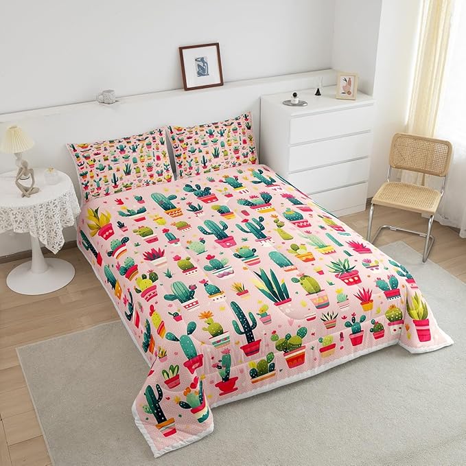 Cute Cactus Bedding Set Queen Size Cartoon Style Botanical Comforter for Child Teens Bohemia Western Exotic Down Comforter Desert Plant Duvet Insert with 2 Pillowcases