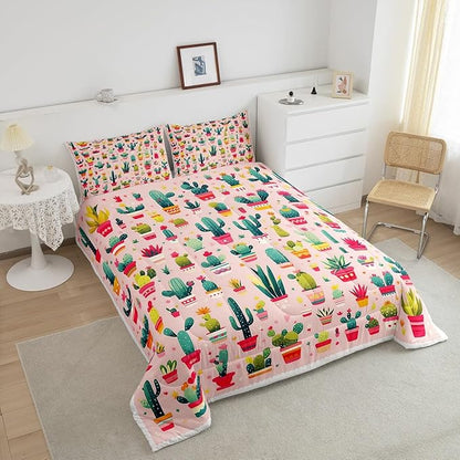 Cute Cactus Bedding Set King Size Cartoon Style Botanical Comforter for Child Teens Bohemia Western Exotic Down Comforter Desert Plant Duvet Insert with 2 Pillowcases