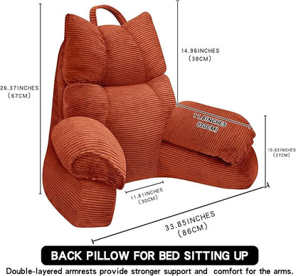 RRPAHWTV Reading Pillow for Bed with High Arm Rests,Back Support Pillow for Sitting Up in Bed with Shredded Memory Foam for Reading, TV, Gaming or Relaxing on Floor（Bright Orange，Large）