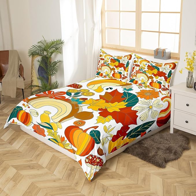 70s Groovy Hippie Retro Bedding Set Queen Size,Vintage Fall Floral Leaves Duvet Cover Set for Children Bedroom Present, Mushroom Pumpkin Rainbow Microfiber Comforter Cover with 2 Pillowcases