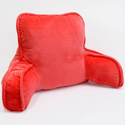 Super Soft Velvety Backrest Reading Bed Rest Pillow with Arms and Pockets 18" H for Sitting in Bed Couch Sofa, Back Support Wedge Cushion with Removable Cover, 20" x 18" x17", Bright Pink